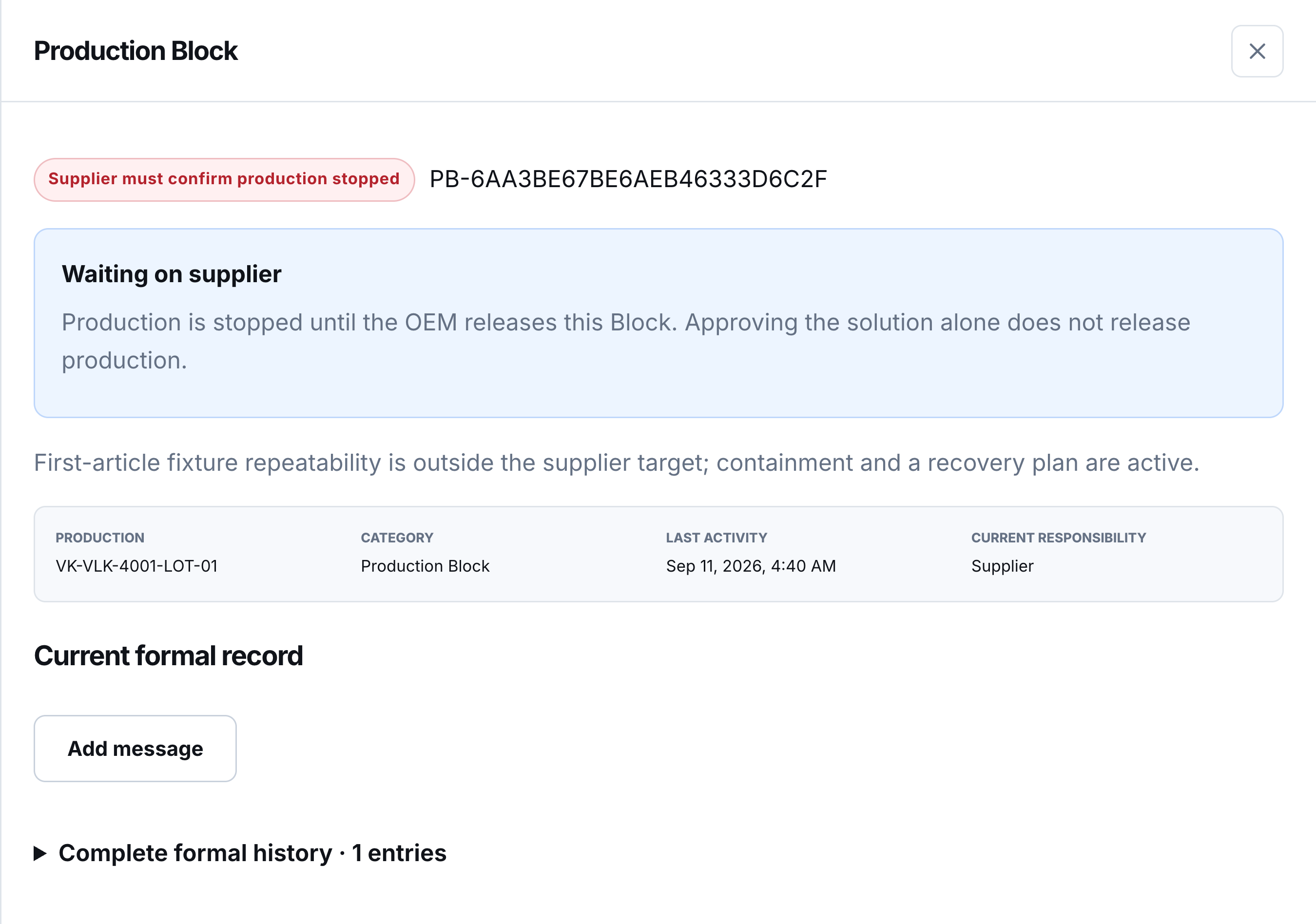 Production block explaining the concern and identifying the company responsible for the next response.