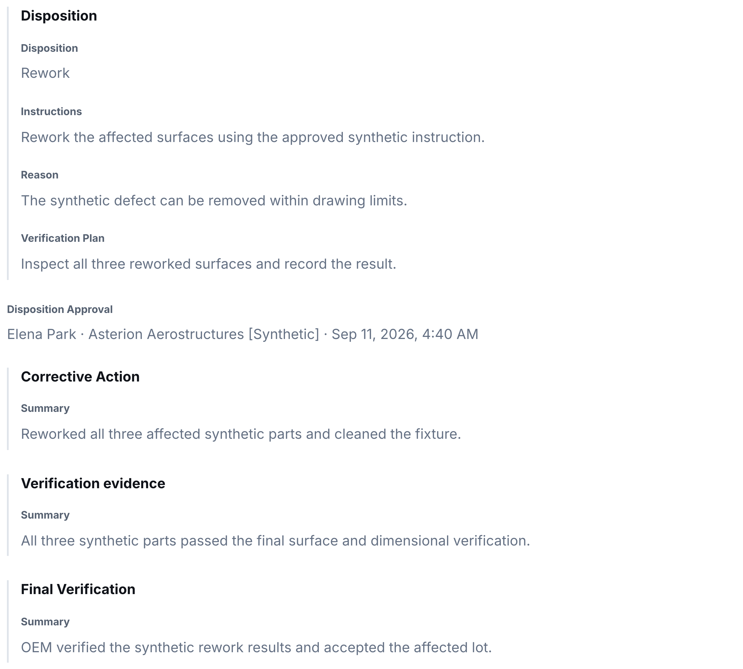 Approved rework disposition for a nonconformance affecting a VLK-4001 production lot.