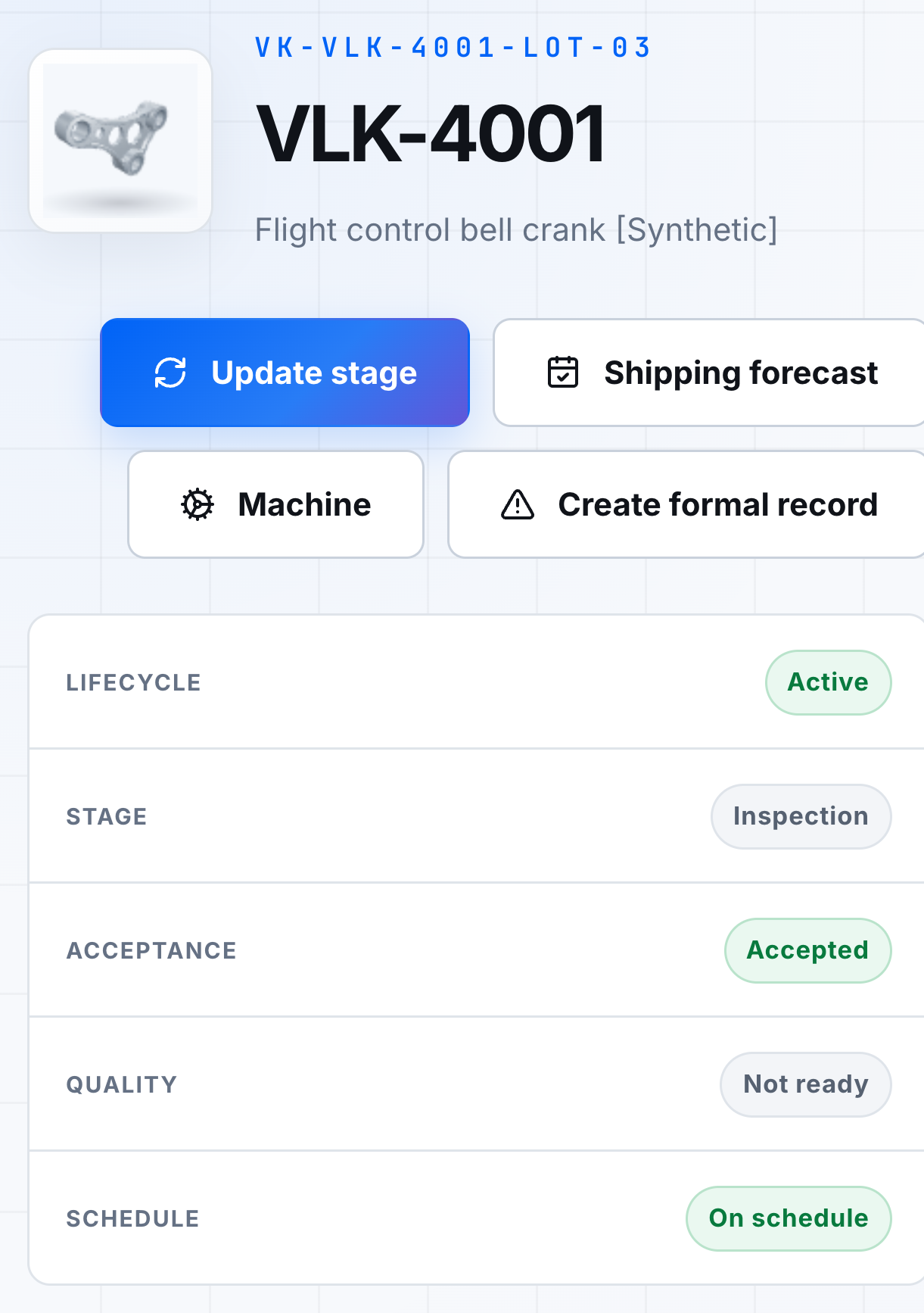 Actual mobile supplier record for VLK-4001 showing its model thumbnail, stage, and update controls.