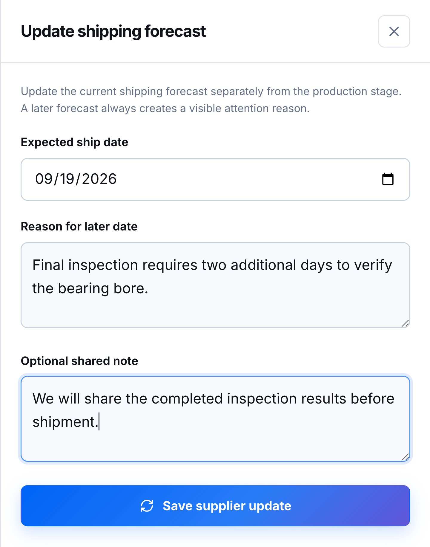 Supplier draft of a revised shipping forecast for VLK-4001, with a reason for the later date.